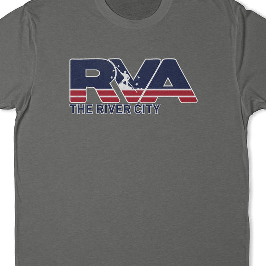 Close-up view of gray t-shirt chest featuring the RVA The River City graphic inspired by the City of Richmond, Virginia flag.