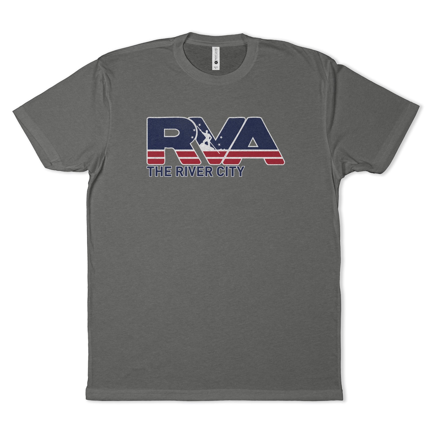 Front view of gray t-shirt featuring the RVA The River City graphic inspired by the City of Richmond, Virginia flag.